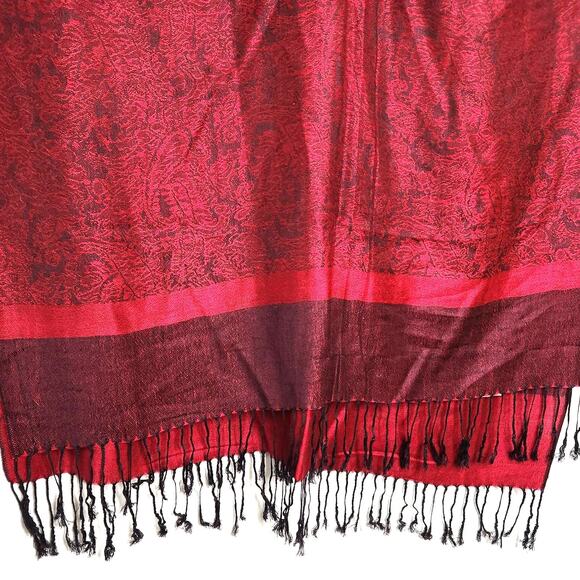 Cashmere & Silk Burgundy Red Pashmina Shawl Tassels Paisley Reversible Gorgeous - Picture 3 of 9